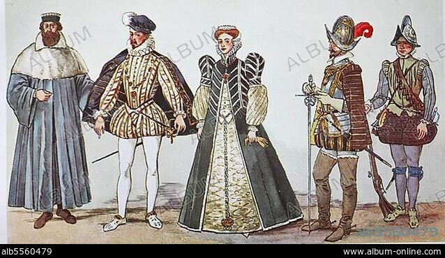 Mode, Kostüme, Kleidung von Karl IX. und der höfischen Gesellschaft in Frankreich zur Zeit der spanischen Mode um 1560-1590, von links, Kanzler in Amtstracht, dann der König Karl IX. dann eine Hofdame, dann ein Offizier in Rüstung und ein Arkebusier, digitale verbesserte Reproduktion nach einem Original aus dem Jahr 1900.