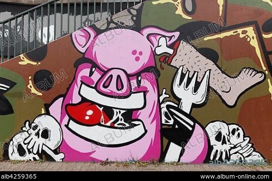 Pig eats human flesh, graffiti, criticism of meat consumption, vegan life, Düsseldorf-Eller, North Rhine-Westphalia, Germany, Europe.
