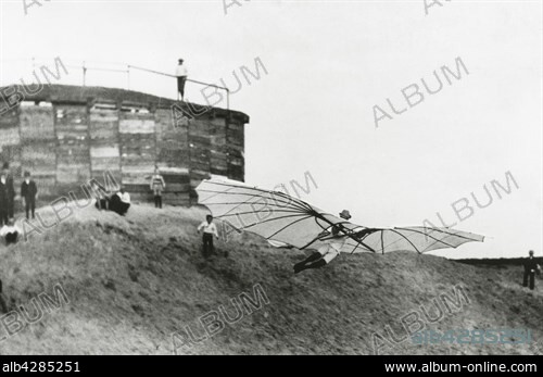 German aeronautical pioneer Otto Lilienthal, launching from Maihöhe Hill in Berlin Steglitz, aboard his pendulum glider called "Normalsegelapparat".. Spring 1893.