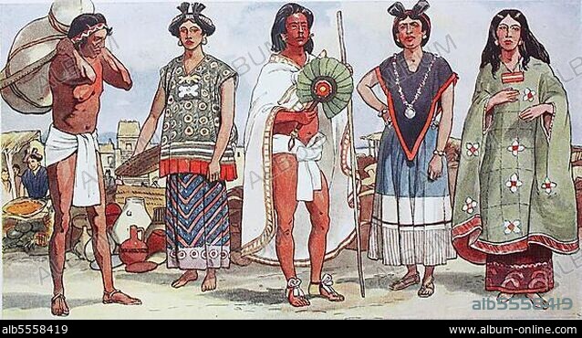 Kleidung, Mode in Mittelamerika, Alt-Mexiko im 15. -16. Jahrhundert, von links, ein Mann mit Lendenschurz, eine Zapoteken-Indianerin, ein einheimischer Händler, eine Frau der Huastek-Indianer und eine Mexikanerin, digital restaurierte Reproduktion einer Originalvorlage aus dem 19. Jahrhundert.