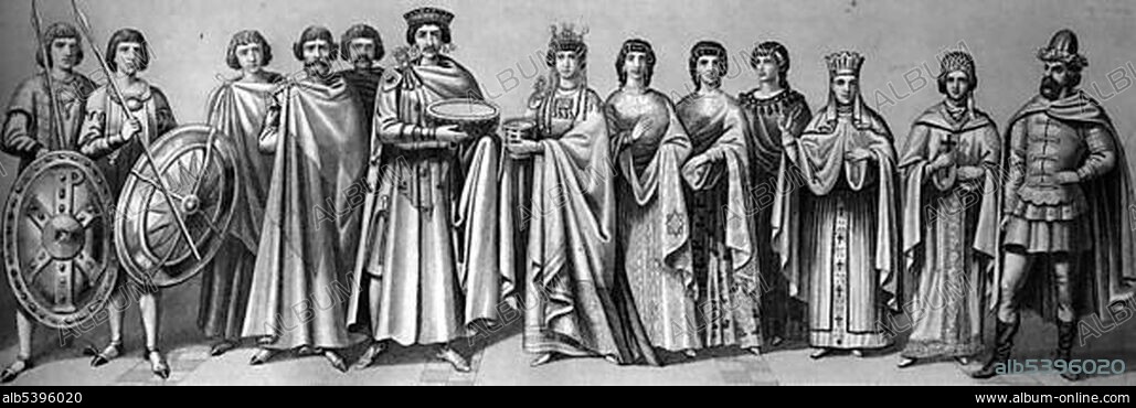 Cultural history in antiquity, from left: Roman Emperor Justinian, 484-565, with court officials and guard, his wife Empress Theodora, 500- 548, with court ladies, Old Slavonian and Russian costumes, historical illustration.