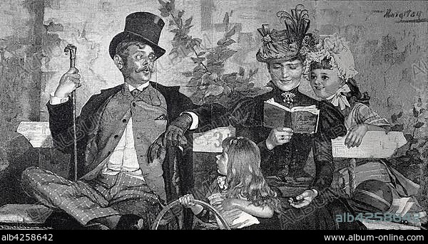 Posh, noble, people in the city park, mother is reading her daughters from a school book, familiy, man with cylinder looks interested, 1880, woodcut, England.