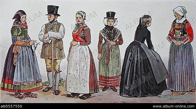 Mode, Kleidung in Dänemark, Volkstrachten in der modernen Geschichte, von links, Frau und Mann aus Refsnaes, nordwestlich von Seeland, dann eine Frau von der Insel Dreioe, südlich von Fünen, Mädchen aus dem Amt Ringkjoebing, eine Isländerin und eine Frau aus dem südlichen Jütland, digital verbesserte Reproduktion einer Illustration aus dem 19. Jahrhundert.