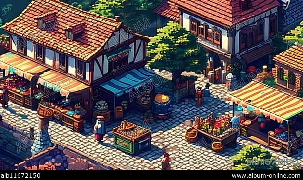 Pixel art scene of a bustling medieval marketplace with vendors displaying various goods, AI generated.