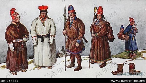 People in traditional costumes, fashion, clothes, costumes of the people of the Lapp in Sweden around the 19th century, illustration, Sweden, Europe.