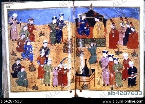 Persian manuscript illustrated with 106 paintings: "Jami'al Tawarikh" by Rachid ad-Dîn (History of the Mongols). The Mongol sovereign of Persia, Ghazan Khan, on the throne with one of his wifes and surrounded by courtiers.. Persian school. 14th century.