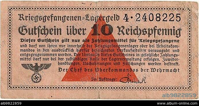 Lagergeld; prisoner of war camp money; from the German prisoner of war camp Stalag IV B in Mühlberg on the Elbe. A banknote of 10 Pfennig; 1940; Germany; Historical; digitally restored reproduction from a 19th century original; Europe.