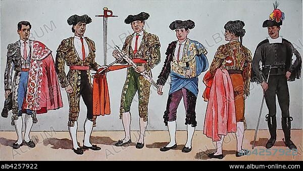 People in traditional costumes, fashion, clothing in the bullfights in Spain for modern history, illustration, Spain, Europe.