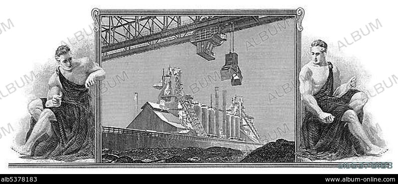 Historical stock certificate, detail of the vignette, allegorical representation of two men sitting in front of the loading crane of a steel plant, steel manufacturers, now a part of Mittal Steel Company NV, Republic Steel Corporation, 1975, New Jersey, USA, North America.