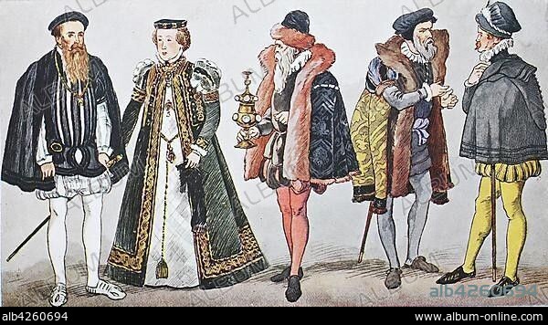 Fashion, costumes, clothes in Germany during the Spanish fashion around 1550-1600, from left, Duke Albrecht V. of Bavaria and his wife Duchess Anna in the new Spanish costume, then a master goldsmith around 1560, then a German merchant, Germany, Europe.
