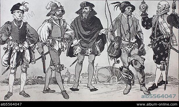 Mode, Kleidung in Deutschland, bürgerliche Trachten um 1560-1580, von links, Mann von 20, 30 und 40 Jahren in der deutschen Tracht, dann ein Fuhrmann aus Franken und ein Nürnberger in spanischer Festtagstracht, digital restaurierte Reproduktion einer Originalvorlage aus dem 19. Jahrhundert, genaues Originaldatum nicht bekannt.