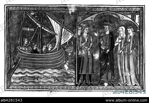 William of Tyre, "History of Deeds done beyond the Sea", Accra, ca. 1275, f° 125 v° (Book 11, chap.1): Bohémond sailing towards France, King Philip I marrying his daughters Constance and Cecilia to Bohémond and Tancred. 13th. CrusadesParis, Bibliothèque Nationale.