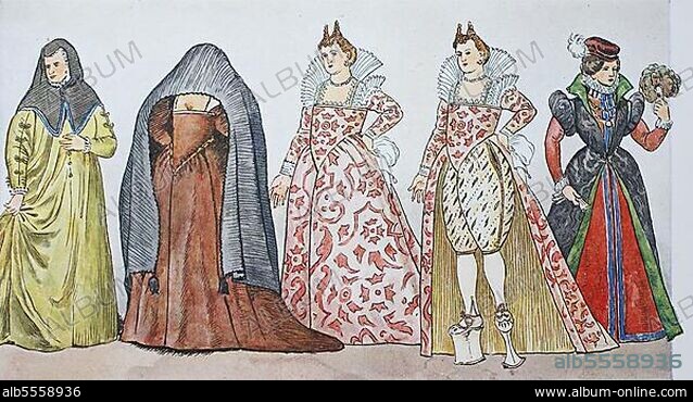 Mode, Kostüme, Kleidung in Italienisch unter spanischer Mode um 1590-1610, von links, römische Kurtisane um 1590, ehrbare, elegante, unverheiratete Venezianerin in verschleiernder Straßenkleidung um 1590, einmal die Kurtisane in schwerem Seidendamastkleid und einmal mit hochgeschlossenem Kleid, und eine Dame aus Ferrara um 1590, digitale verbesserte Reproduktion nach einem Original aus dem Jahr 1900.