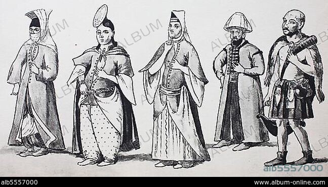 Mode, Kleidung in der Türkei im 17. Jahrhundert, von links, eine Dame in einem Straßenkleid, eine Dame von Sarei, eine türkische Dame in Hauskleidung, ein Imam, ein Vorbeter in einer Moschee, und ein wandernder Derwisch, digital restaurierte Reproduktion einer Originalvorlage aus dem 19. Jahrhundert, genaues Originaldatum nicht bekannt.