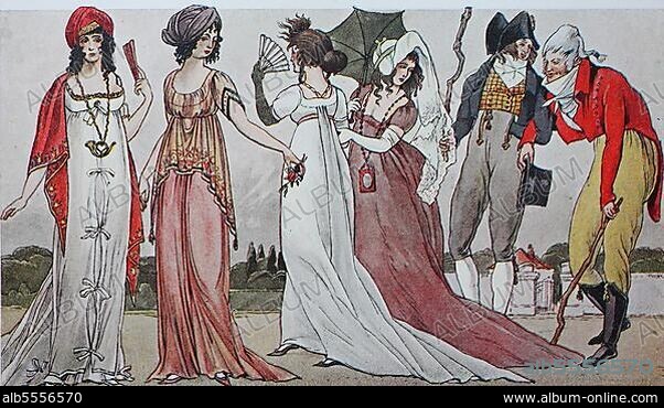Mode, Kleidung in Frankreich zur Zeit der Revolution 1795-1803, von links, Damen in antiken Kostümen während des Konsulats um 1800, Mode a la grecque, Fröhliche Laster und Incroyables, digital restaurierte Reproduktion einer Originalvorlage aus dem 19. Jahrhundert, genaues Originaldatum nicht bekannt.