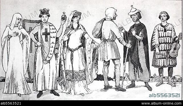 Kleidung, im 12. 13. Jahrhert, von links, eine adlige Frau, Kaiser Friedrich I. Barbarossa als Kreuzfahrer, dann ein Bauer mit Hemdkittel Gürtel, ein Jude im langen Rock spitzen Judenhut, ein fahrender Spielmann mit Fiedel, digital verbesserte Reproduktion einer Illustration aus dem 19. Jahrhert, Mode der hohen und niederen Stände in Deutschland.