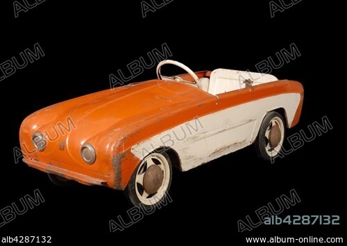 Toy. Renault Dauphine orange and ecru car. Painted steel. Length : 115 cm. Private collection. Pétrini Family collection.