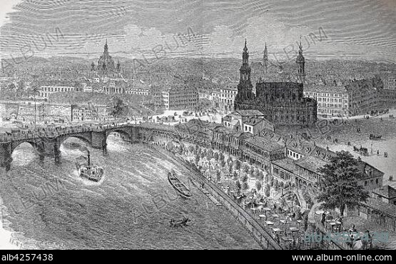 The italian village at Dresden, Germany, the old city at river Elbe, 1880, woodcut, Germany, Europe.
