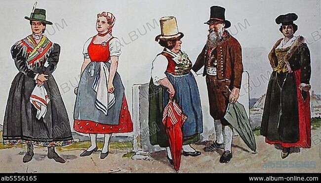 Mode, Trachten, Kleidung in Österreich 1850, von links, Tracht in Seewiesen, Steiermark, Tracht in Tullnerboden, Niederösterreich, altes Paar aus Zell am See um1900 und eine Steirerin aus Graz, Steiermark, digital verbesserte Reproduktion einer Illustration aus dem 19. Jahrhundert.