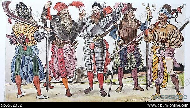 Kleidung, Mode des Landsknechts in Deutschland um 1520-1560, die Haremshose, von links, ein Doppelsöldner mit Hakenbüchse, ein Scharfrichter, ein Doppelsöldner im Harnisch und zwei Pikeniere, digital restaurierte Reproduktion einer Originalvorlage aus dem 19. Jahrhundert.