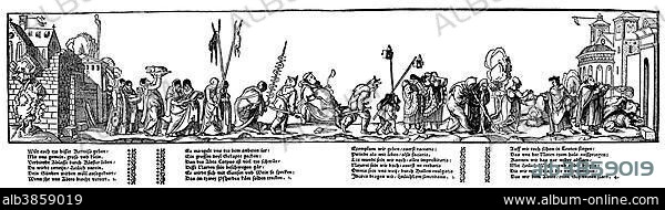 Woodcut from the 16th century, caricature against the Catholic Church and the intemperate life of the monks, from the Reformation period.