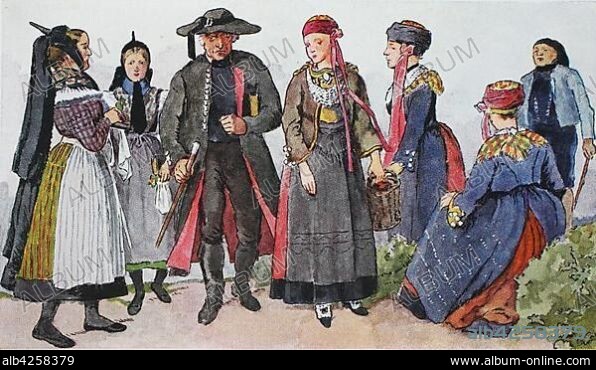 People in traditional costumes, fashion, clothes in Germany, costumes from Hanover around 19th century, illustration, Germany, Europe.