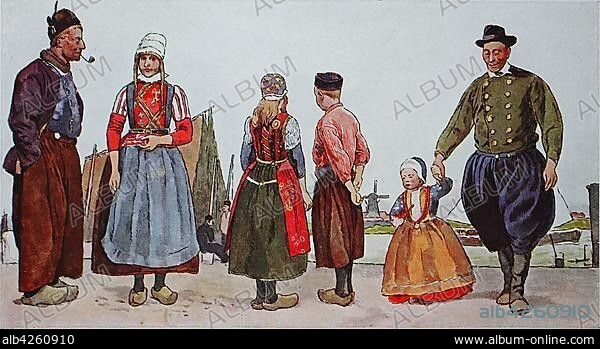 People in traditional costumes, fashion, costumes, clothing in the Netherlands circa 19th century, different types of costumes of the fishermen of the island of Marken, illustration, Netherlands.