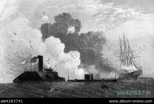 American Civil War: Engagement between Confederate ironclad 'Merrimac' and Union ironclad 'Monitor', March 8, 1852.. Chromolithograph published in 1864.