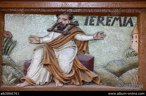 The prophet Jeremiah, wood carving, Alte Lateinschule Alfeld building, Alfeld, Lower Saxony, Germany, Europe.