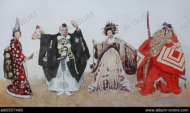 Kleidung, Mode in Japan, japanische Schauspieler in Figuren der alten japanischen Bühne, von links, Nakamura Utayemon, als Shirabyoshi Hana, eine Hofdame, im Tanzstück Dojoji, dann Omotakaya Kinoshi Shikawa Danshiro im Stück Kanjincho als Hofbeamter, dann ein Schauspieler in einer Frauenrolle, und Ichikawa Danjuro V in der Rolle des Daimyo, Territorialfürsten, digital restaurierte Reproduktion einer Originalvorlage aus dem 19. Jahrhundert.