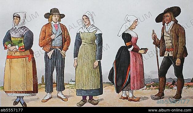 Mode, Kleidung, Trachten in Frankreich, um das 19. Jahrhundert, von links, eine Frau aus Saille bei Guerande, Bretagne, ein Bauer aus Yaradey bei Ancenis, Bretagne, eine Bäuerin aus Chateau-Briant, Bretagne, ein Bauer aus St. Bonnet, Burgund und ein Bauer aus der oberen Auvergne, digitale Reproduktion einer Originalvorlage aus dem 19. Jahrhundert, Originaldatum nicht bekannt.