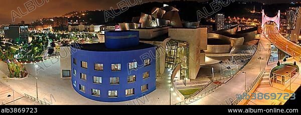 Panorama, Guggenheim Museum at night, architect Frank Gehry, Bilbao, Basque Country, Spain, Europe.