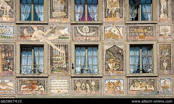 Detail, mural, painting by Alois Carigiet on the façade of Hotel Restaurant Adler, Stein am Rhein, Canton of Schaffhausen, Switzerland, Europe.