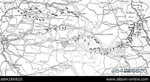 First World War.. Map of the general position at the end of the day on 10th September 1914 at the time of the First Battle of the Marne.