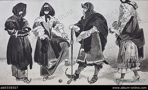 Mode, Kleidung in den Niederlanden um 1650-1680, von links, zwei Schlittschuhläufer mit Gesichtsmasken, ein Schlittschuhläufer mit Hockeyschläger und ein Kavalier mit Rheingrafenhose und Perücke, digital restaurierte Reproduktion einer Originalvorlage aus dem 19. Jahrhundert, genaues Originaldatum nicht bekannt.