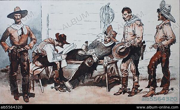 Mode, Kleidung in Nordamerika, Ende des 18. Ende des 19. Jahrhunderts, Cowboy in verschiedenen Kleidern, mit Baumwollhemd, Überbeinkleidern, Wams, Hut, Stiefel, digital restaurierte Reproduktion einer Originalvorlage aus dem 19. Jahrhundert.