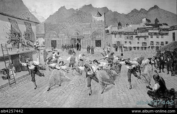 The farandole is an open-chain community dance popular in Provence, reproduction of an image published 1880, France, Europe.