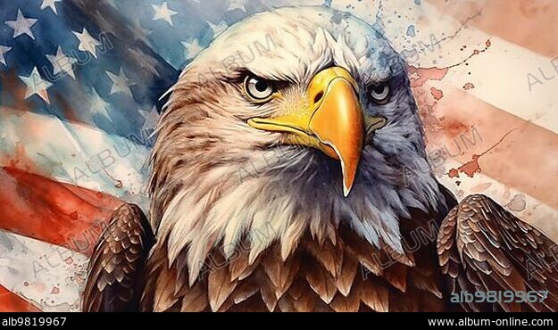 Watercolor of american bald eagle over an american flag abstract background; generative AI.