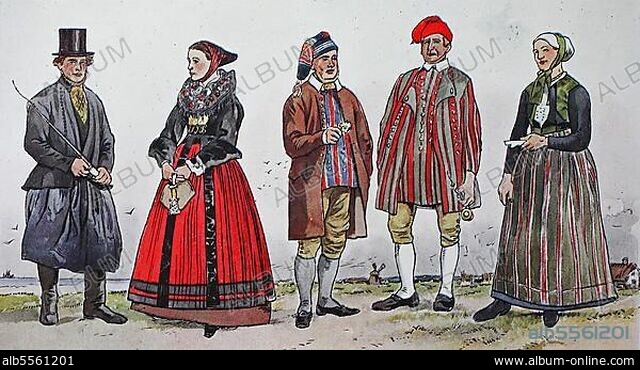 Mode, Kleidung in Dänemark, Volkstrachten in der modernen Geschichte, von links, Mann und Frau von der Insel Amager bei Kopenhagen, Mann von der Insel Lyoe, zwischen Fünen und Alsen, Hofbesitzer von Hedebo und Frau von der Insel Fünen, digital verbesserte Reproduktion einer Illustration aus dem 19. Jahrhundert.