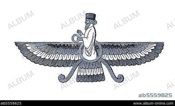 Ahuramazda auch Ahura Mazda bedeutet der weise Herr oder Herr der Weisheit, auf mittelpersisch Ormusd, Ormozd oder Ormus, im Zoroastrismus ist der Schöpfergott, der zuerst die geistige Welt, Menok, und dann die materielle Welt, Geti, geschaffen hat, er verkörpert die Macht des Lichts, ist der Schöpfer und Erhalter der Welt und der Menschheit und ist der Gott der Fruchtbarkeit der Lebewesen, Relief von persischen Denkmälern, digitale verbesserte Datei eines Originaldrucks aus dem 19. Jahrhundert.