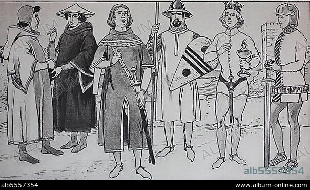Mode, Kleidung im Spanien des Mittelalters, 13. 14. Jahrhundert, von links, zwei Bürger um 1275, ein Ritter um 1300, ein leicht bewaffneter Reiter, dann ein König um 1350, dann ein Ritter um 1375, digital restaurierte Reproduktion einer Originalvorlage aus dem 19. Jahrhundert, genaues Originaldatum nicht bekannt.
