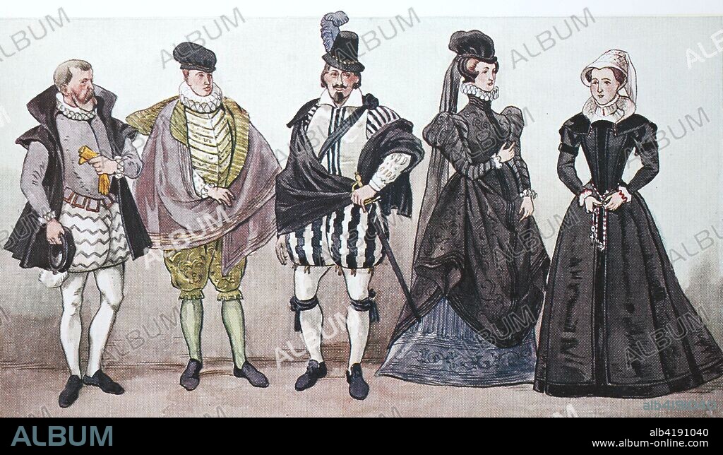 Clothing, fashion in France at the time of the Renaissance around 1500-1575, Spanish fashion of the French, posh society, from left, two French citizens, a nobleman, a lady and and the lady of honor of Queen Catherine of Meidci, digital improved reproduction from an original from the year 1900.