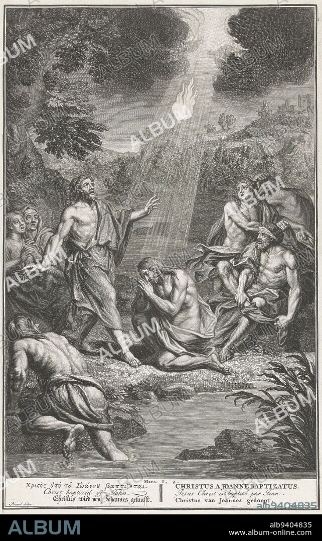 Baptism of Christ, Gilliam van der Gouwen, after Bernard Picart, 1728, John the Baptist baptizes Christ in the Jordan River. The Holy Spirit as flame descends from heaven (Mar. 1:9). The print has a Greek, Latin, French, English, German and Dutch caption., print maker: Gilliam van der Gouwen, (mentioned on object), intermediary draughtsman: Bernard Picart, (mentioned on object), publisher: Pieter de Hondt, print maker: Amsterdam, publisher: The Hague, 1728, paper, engraving, etching, w 231 mm × h 362 mm.