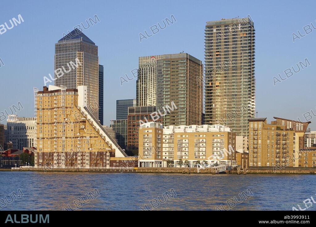 Canary Wharf, London, 2009. The redevelopment of the Canary Wharf area of London's docklands began in the 1980s. It saw the construction of a complex of several large office blocks, the first of which to be built was 1 Canada Square, completed in 1991.