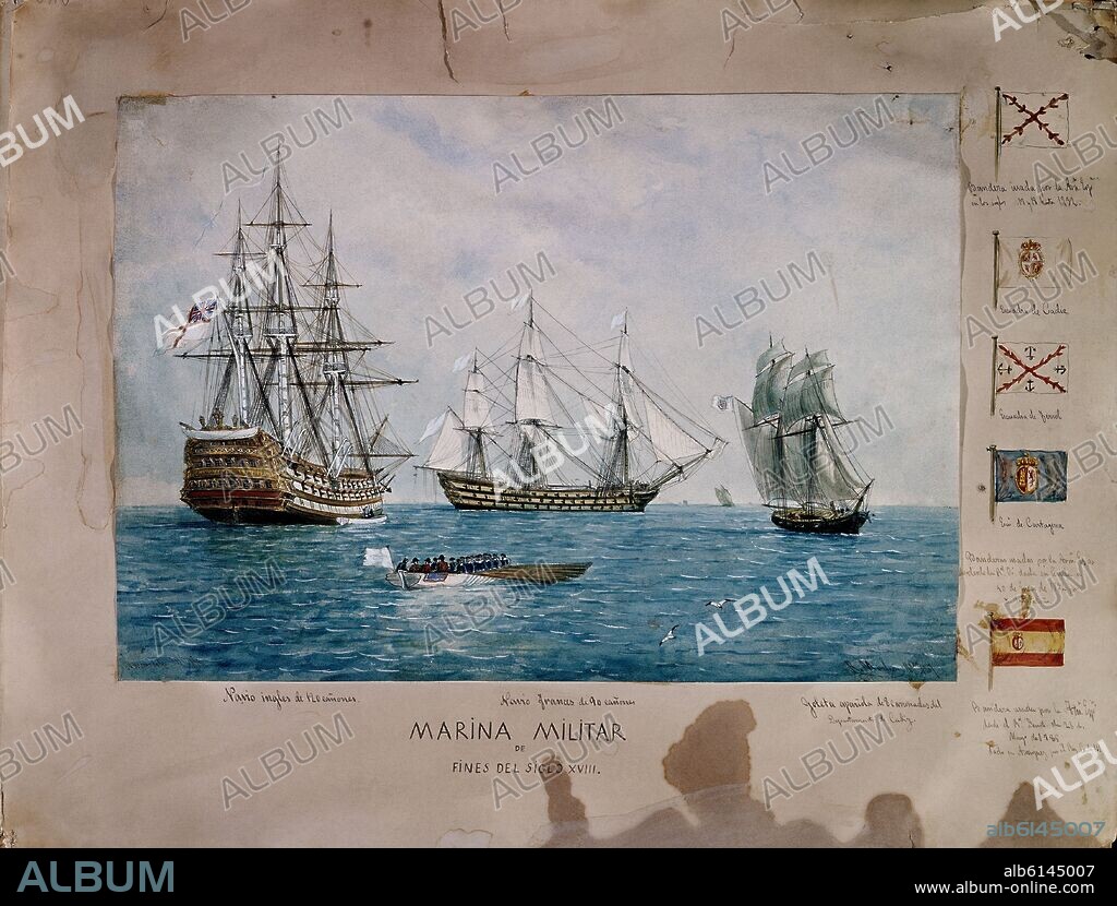 RAFAEL MONLEON. MARINA MILITAR DEL SIGLO XVIII - NAVIO INGLES NAVIO FRANCES Y GOLETA ESPAÑOLA - ACUARELA SIGLO XIX.