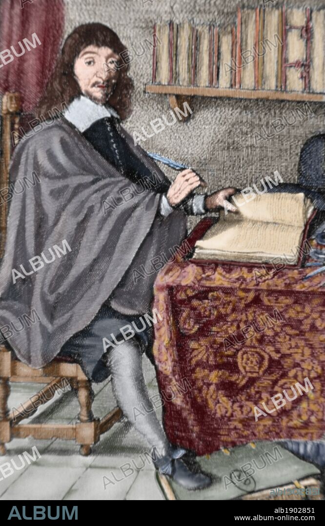DESCARTES, René (La Haye, Turena, Francia, 1596-Estocolmo, 1650). Filósofo francés. En 1637 publicó: "La Dióptrica", "La Geometría" y "Los Meteoros", a los que precede el "Discurso del Método", donde describe un método racional para llegar a la verdad y sistematizar los principios de la ciencia. Grabado coloreado.