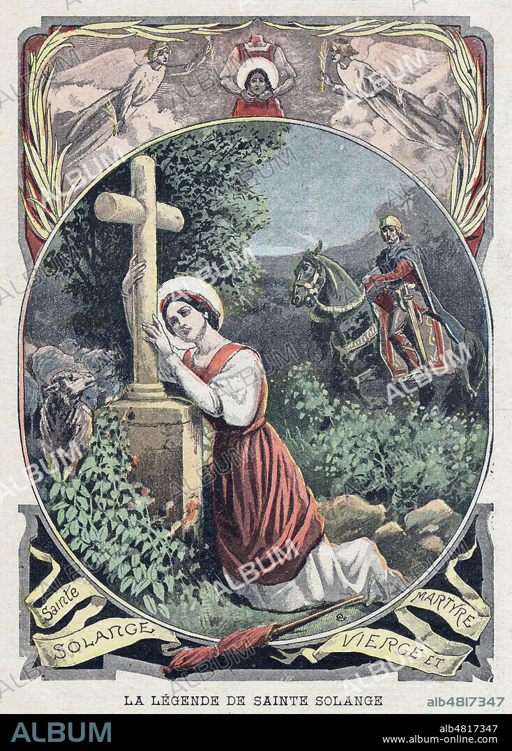 La legende du Berry de Sainte SOLANGE (jeune bergere refusant de l'epouser, a la tete coupee par le fils du comte de Poitiers. Caricature de Achille LEMOT (1846-1909) pour Le Pelerin du 18 avril 1897. Credit : Collection Jonas/Kharbine-Tapabor.