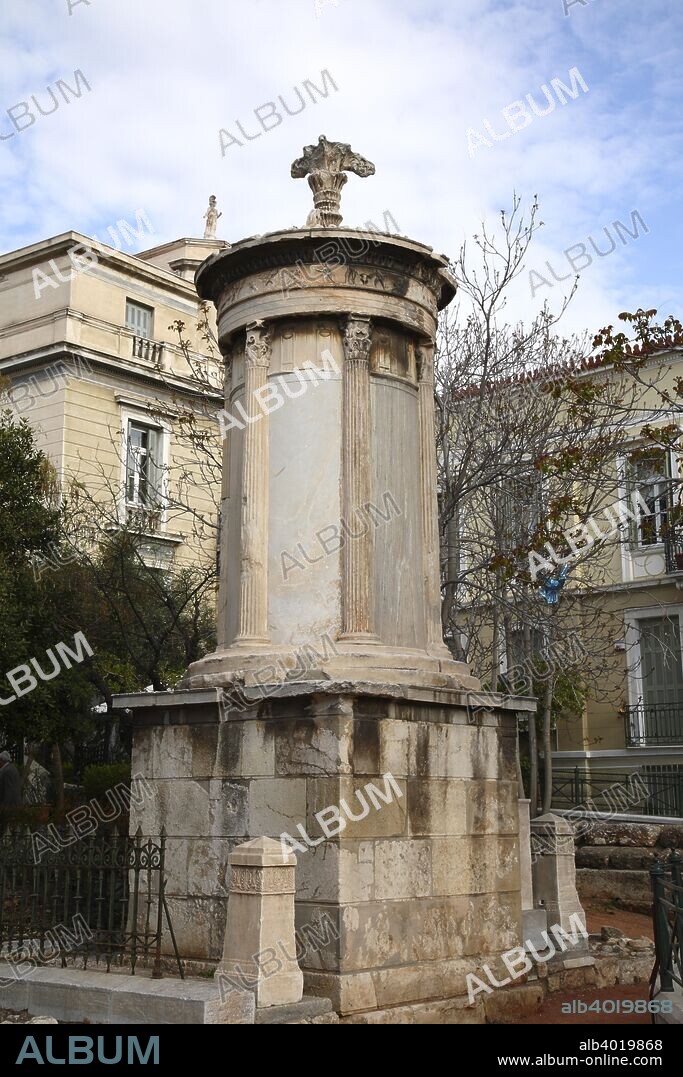 The Monument of Lysicrates, Athens, Greece. The Choragic Monument of Lysicrates near the Acropolis of Athens was erected by the choregos Lysicrates, a patron of many theatrical performances in the Theater of Dionysus, to commemorate the award of first prize in 335 BC or 334 BC, to one of the performances he had sponsored. The choregos was the sponsor who paid for and supervised the training of the dramatic dance-chorus.