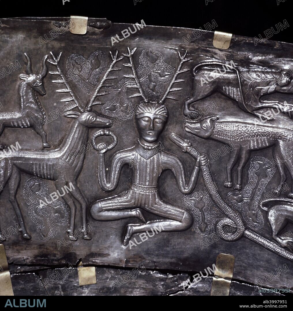 Gundestrup Cauldron, showing Celtic horned god Cernunnos with torc, Denmark, c100 BC.