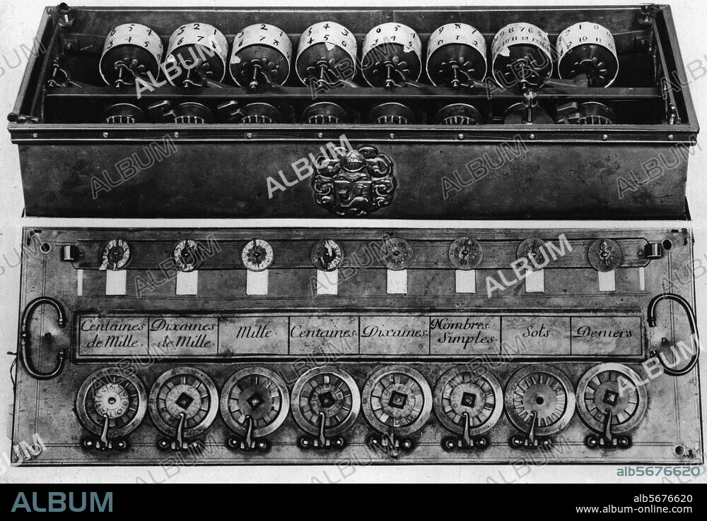 zu: Pascal, Blaise franz. Philosoph, Mathematiker und Physiker, 1623-1662. "La Pascaline", - von Pascal 1642 erfundene Addiermaschine. Foto. Paris, Musée des Arts et Métiers.